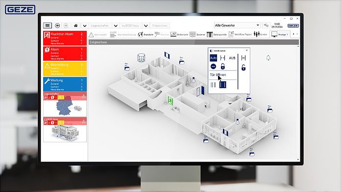 Screenshot Monitor GEZE myGEZE Visu Oberfläche - Alarmzustand